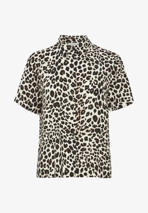Košile na knoflíky s krátkým rukávem v krémové barvě s černým a hnědým leopardím vzorem, s klasickým límcem a hladkou texturou látky.