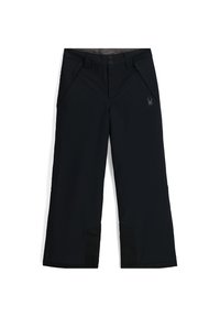 Pantaloni da neve neri realizzati in tessuto morbido e resistente all'acqua. Presentano due tasche laterali, rinforzi sulle ginocchia e un logo sulla coscia superiore.