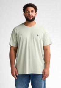 Jasnozielona bawełniana koszulka z krótkim rękawem, okrągłym dekoltem i małym okrągłym logo na lewej piersi. Gładka tekstura, luźny krój.
