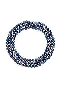 Mørkeblå og grøn perlekæde bestående af runde perler, ensartede i størrelse, med en glat glans og subtil skint, som danner et rundt mønster.