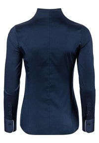 Navy blue long-sleeve shirt, tailored fit, high collar, smooth texture, with buttoned cuffs and contrasting accents at the cuffs.