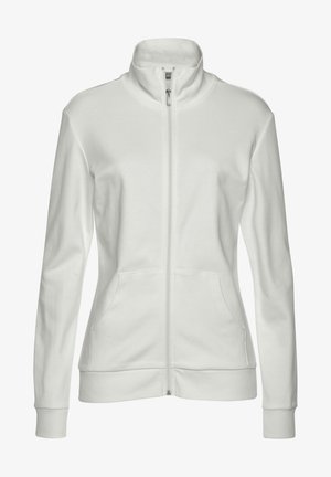 Chaqueta blanca con cremallera completa, cuello alto, mangas largas, bolsillos delanteros y puños y dobladillo acanalados, mostrada sobre un fondo liso.