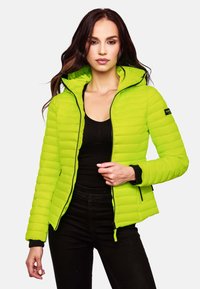 Bright green puffer jacket with a hood, featuring a zip closure, ribbed cuffs, and contrasting black accents. Smooth texture and quilted design.