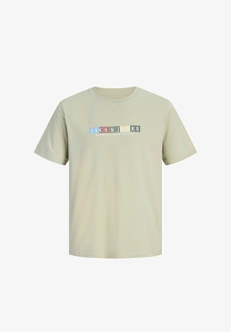 Μπεζ κοντομάνικο T-shirt με πολύχρωμα γράμματα σε μπλοκ που σχηματίζουν τις λέξεις "JACK & JONES" και από κάτω "ESTABLISHED IN 1990".