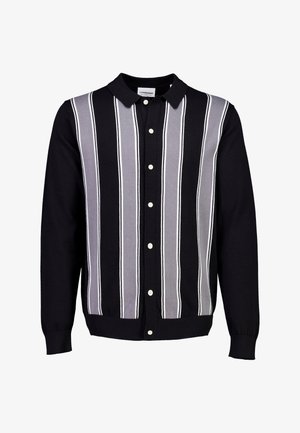 Schwarze und graue langärmlige Knopfleiste-Cardigan mit vertikalen weißen Streifen und einem Kragen.