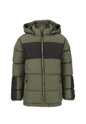 Puff-Jacke in Olivgrün und Schwarz. Verfügt über einen Reißverschluss, eine Kapuze und kontrastierende Paneel-Designs. Weiche, gesteppte Textur mit Seitentaschen.