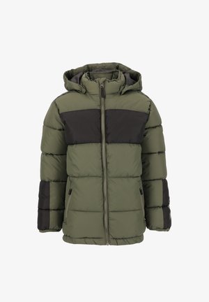 Puff jakke i olivengrøn og sort. Har lynlås lukning, hætte og kontrasterende paneldesigns. Blød, quiltet tekstur med sidelommer.