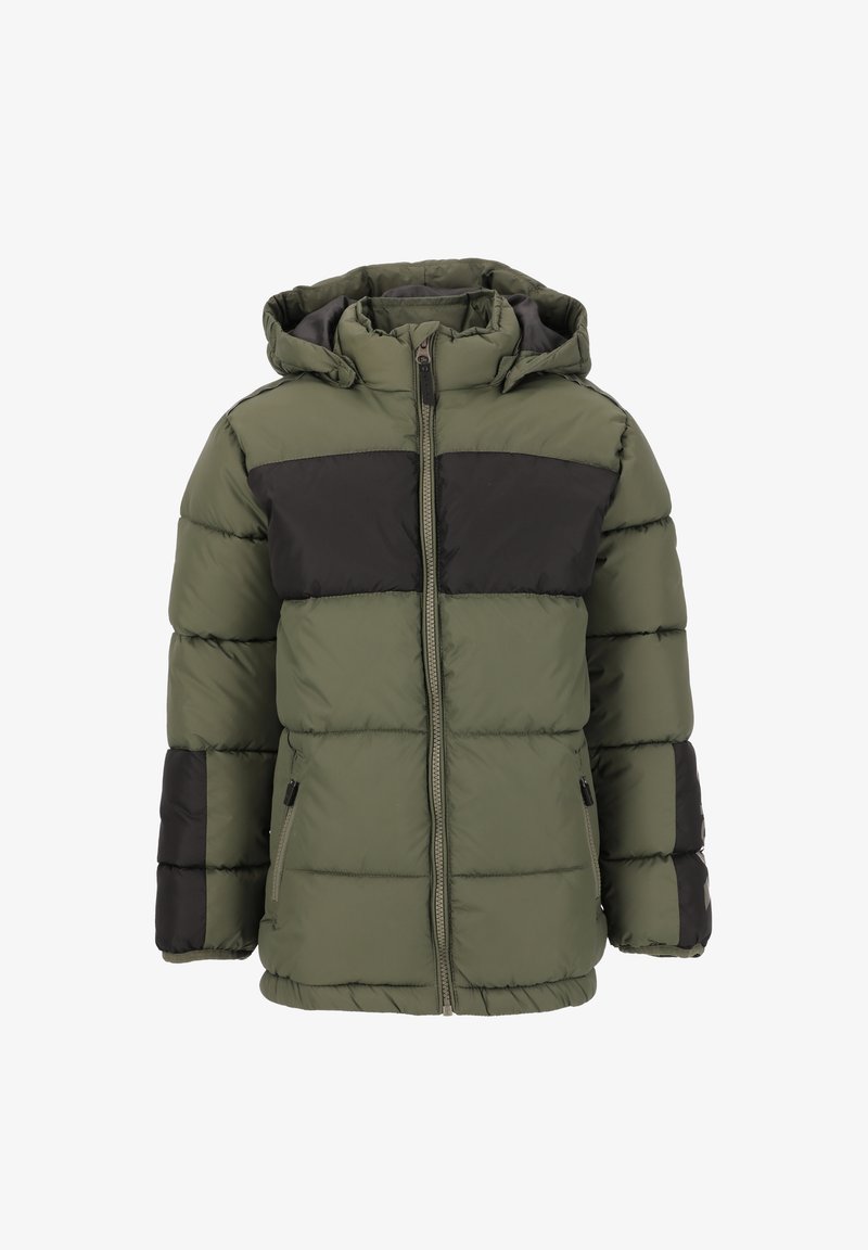 Puff jakke i olivengrøn og sort. Har lynlås lukning, hætte og kontrasterende paneldesigns. Blød, quiltet tekstur med sidelommer.