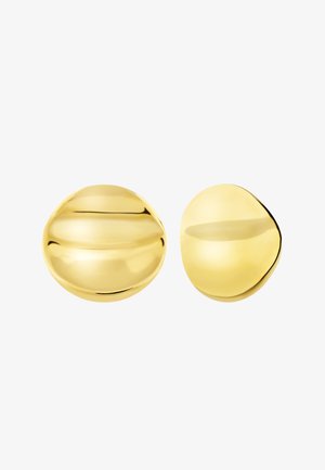 Pendientes de oro con formas suaves y redondeadas, acabado pulido, uno más grande y otro más pequeño, que reflejan la luz con elegancia.