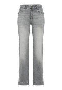 Jeans in denim grigio con una texture sbiadita, design a gamba dritta, stile a cinque tasche e orlo risvoltato. Presentano una chiusura frontale con zip e bottone.