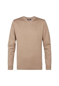Pulover tricotat bej cu decolteu în V, mâneci lungi și manșete și tiv cu nervuri. Textură netedă, design simplu, fără modele sau accente vizibile.