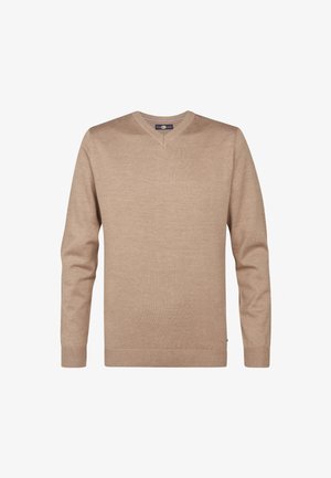 Beige striktrøje med V-hals, lange ærmer og ribbet manchetter og kant. Glat tekstur, enkelt design og ingen synlige mønstre eller accenter.