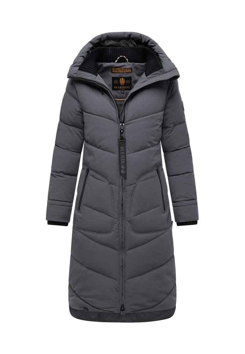 Long, dark gray padded winter coat with hood, front zipper, two zippered pockets, and ribbed cuffs.