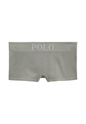 Šedé bavlněné boxerkové šortky s žebrovanou texturou a širokým pasem, na kterém je vyšitý nápis "POLO" v bílé barvě. Navrženo pro pohodlí a dokonalé přizpůsobení.