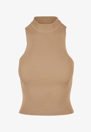 Hladký úplet bezrukávový top v béžovej farbe, s vysokým softneck a priliehajúcim strihom, ktorý zdôrazňuje textúru a štíhlu siluetu.