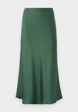 Gonna verde scuro di media lunghezza realizzata in un tessuto morbido e leggero. Presenta un design A-line semplice con una leggera svasatura all'orlo.