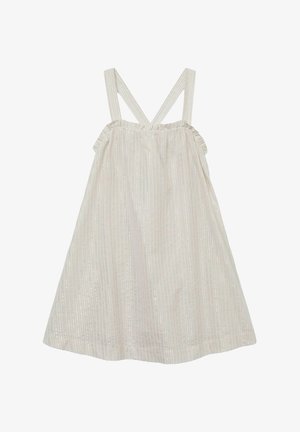 Svijetla bezrukavna haljina s ukriženim trakama, skupljenim elastičnim pojasom i okomitim prugama koje sadrže suptilni sjaj.