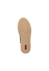 Semelle en caoutchouc de couleur marron clair avec une texture en motif de diamant. Présente un logo rouge et des bords arrondis pour le confort et l'adhérence.