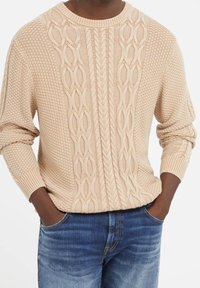 Beiger Strickpullover mit Zopfmuster in der Mitte und strukturierten seitlichen Einsätzen. Gerippte Bündchen und Ausschnitt mit sichtbaren Nahtdetails.