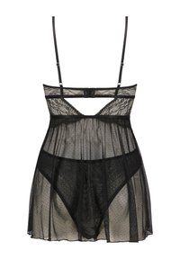 Rochie babydoll neagră din dantelă, cu țesătură transparentă punctată, bretele ajustabile și un chilot asortat. Design cu spate deschis și o textură moale.