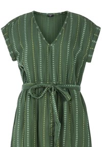 Grünes V-Ausschnittkleid mit kurzen Ärmeln, das vertikale Streifen in Gelb und Hellblau aufweist. Inklusive eines passenden Gürtels an der Taille.