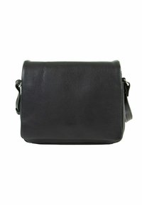 Borsa a tracolla nera in pelle con superficie texturizzata e chiusura a patta. Tracolla regolabile e design pulito e minimale.
