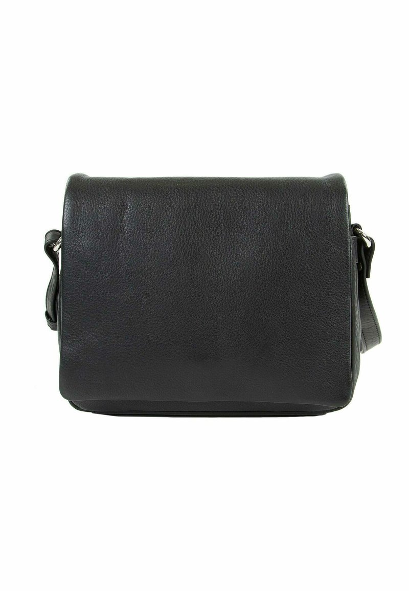 Borsa a tracolla nera in pelle con superficie texturizzata e chiusura a patta. Tracolla regolabile e design pulito e minimale.