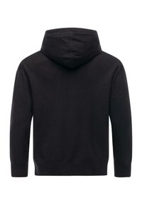 Felpa nera con cappuccio realizzata in morbido tessuto, dotata di cappuccio regolabile con lacci, maniche lunghe e polsini e orlo a coste. Semplice, senza fantasie o dettagli decorativi.