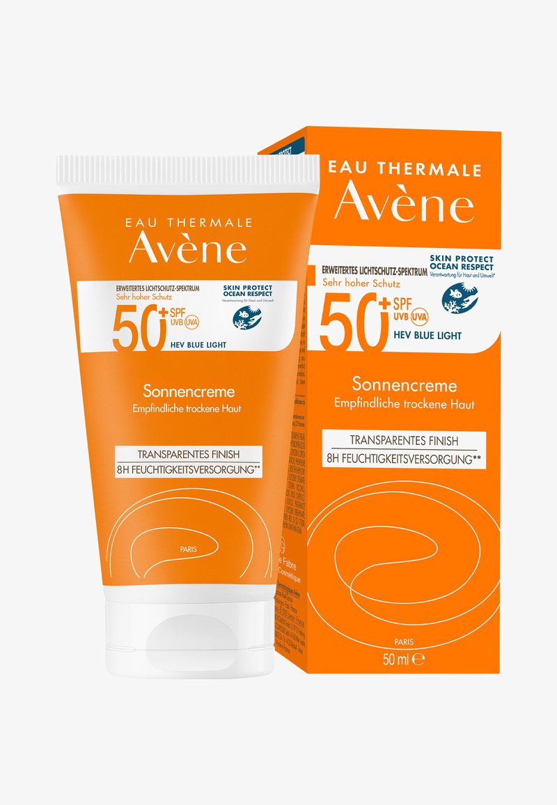Avene Sonnencreme-Tube mit orange-weißem Design, 50 ml Fassungsvermögen, mit SPF 50+, wasserfestem Aufkleber und glatter Kunststoffoberfläche.