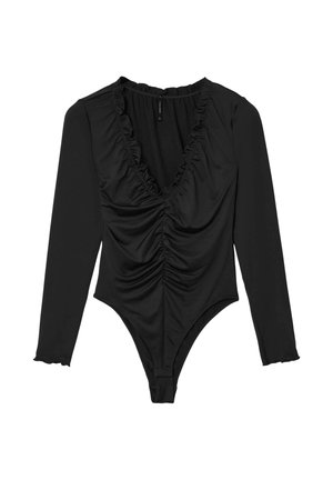 Body nero a maniche lunghe con scollo a V profondo, arricciature frontali e bordi arricciati sul collo e sui polsini. Tessuto morbido e elastico.