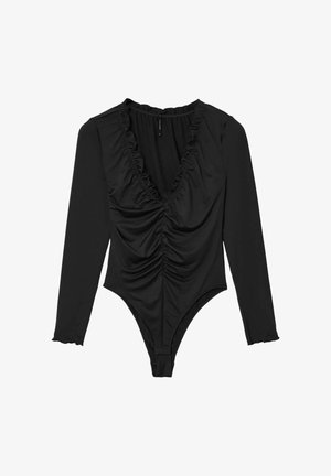 Body noir à manches longues avec un décolleté en V profond, fronces à l'avant et bords volants au niveau du col et des poignets. Tissu lisse et extensible.