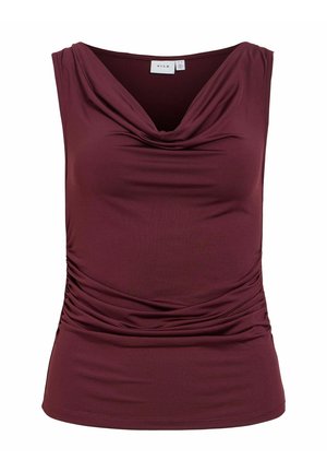 Haut bordeaux sans manches avec encolure drapée et fronces latérales, silhouette ajustée, tissu doux, étiquette de marque à l'intérieur du col.