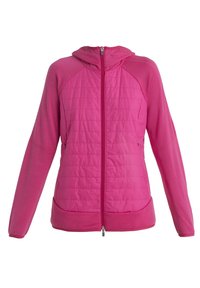 Veste matelassée rose avec capuche, fermeture éclair intégrale à l'avant, manches longues et panneaux en polaire sur les manches et les côtés.