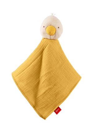 Soft baby comforter with a plush beige chick head and a textured mustard-yellow blanket body, featuring a red brand tag.