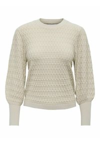 Jasno beżowy sweter z dzianiny, o teksturowanym wzorze, z balonowymi rękawami oraz prążkowanymi mankietami i dołem. Wykonany z miękkiego, komfortowego materiału.