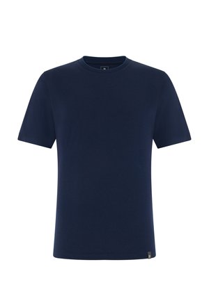 T-shirt bleu marine à manches courtes et col rond avec une petite étiquette noire en bas de l'ourlet.