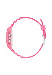 Permatomas rožinis laikrodis su tekstūruotu zigzago modelio dirželiu. Yra stačiakampio formos ciferblatas ir du sidabriniai mygtukai šone.