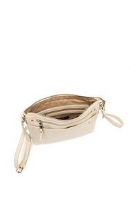 Béžová kožená taška cez telo so zipsom hlavnou priehradkou a ďalšími vreckami; má odnímateľný popruh a hladký povrch.