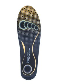 Semelle intérieure noire avec accents dorés, surface texturée, présentant la marque "ENDURANCE", un design de soutien de la voûte plantaire et un graphique indiquant l'absorption des chocs.