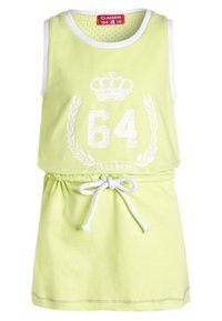 Jasnozielona sukienka bez rękawów z białym wykończeniem, z grafiką korony i "64", elastyczny pas ze sznurkiem do regulacji oraz miękki bawełniany materiał.