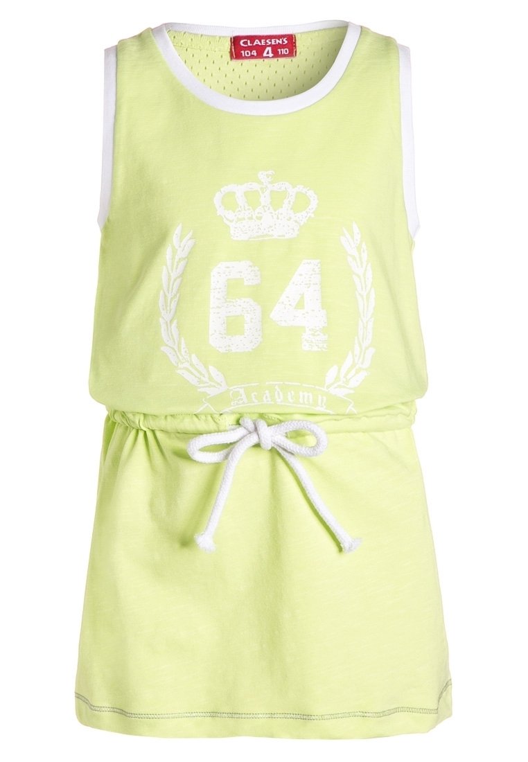 Jasnozielona sukienka bez rękawów z białym wykończeniem, z grafiką korony i "64", elastyczny pas ze sznurkiem do regulacji oraz miękki bawełniany materiał.