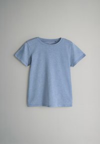 Lichtblauwe katoenen T-shirt met een ronde hals en korte mouwen, met een gladde textuur en een eenvoudig ontwerp.