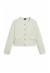 Cream-colored cropped cardigan with long sleeves, round neckline, gold button closures, and two front pockets with button accents.