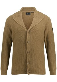 Khaki strikket cardigan med en sjalskrave, der har et tekstureret mønster og fem brune knapper foran. Accentueret med et logo på ærmet.