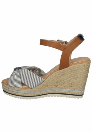 Brown leather strap wedge sandals with a striped fabric upper, rope-wrapped wedge heel, and rubber outsole with silver accent.