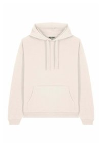 Sudadera de color gris claro con un bolsillo frontal, cordones y puños de canalé. Hecha de material suave con un corte relajado. Logotipo visible en el interior del cuello.