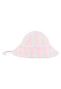 Ριγέ κάπελο τύπου bucket με εναλλασσόμενα ροζ και λευκά χρώματα, φαρδύ γείσο και λεπτομέρεια από υφασμάτινο κορδόνι για σταθερή εφαρμογή.