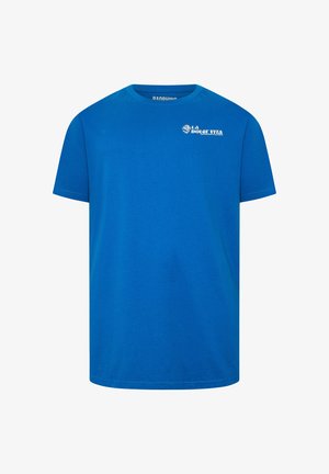 Lyseblå kortærmet T-shirt med teksten "La Dolce Vita" og en lille grafik på øverste venstre del af brystet.