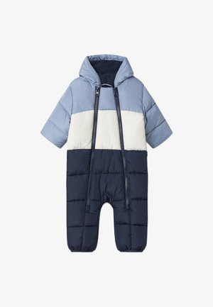 Padded snowsuit in light blue, white, and navy blue color blocks. Features a hood, full zipper, and elastic cuffs for warmth and comfort.