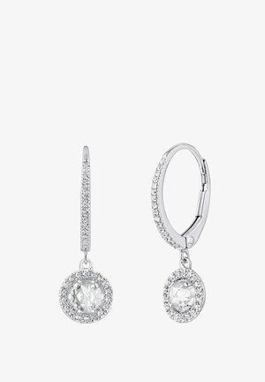 Pendientes de aro de plata con un piedra redonda clara colgante, rodeada por un halo de pequeños cristales, con un acabado pulido.